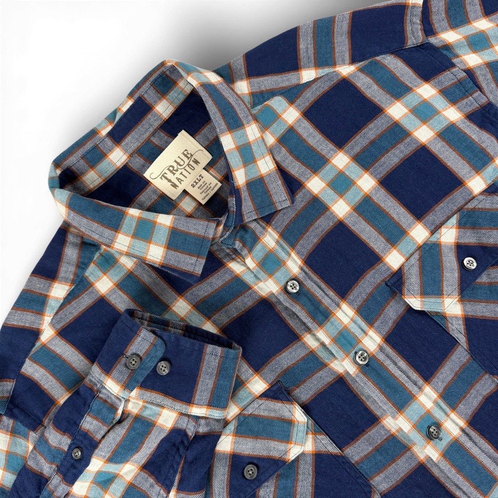True Nation Shirt Mens 2XLT Blue Teal Plaid Flannel Long Sleeve Button Down